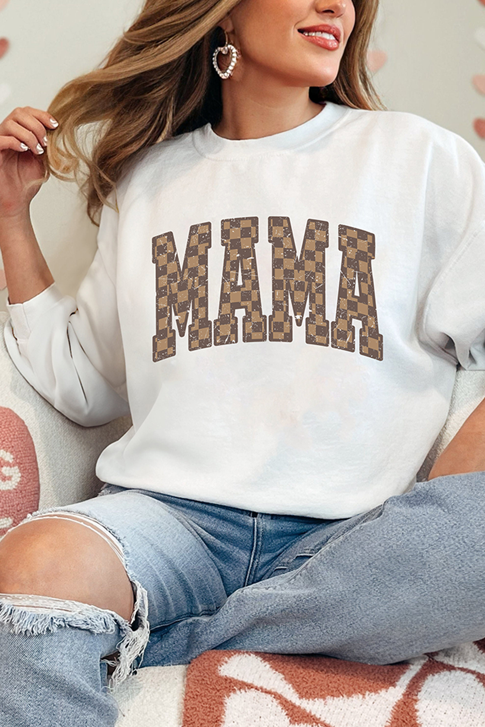 White Checkerboard MAMA Graphic Drop Shoulder Sweatshirt - loveforevers