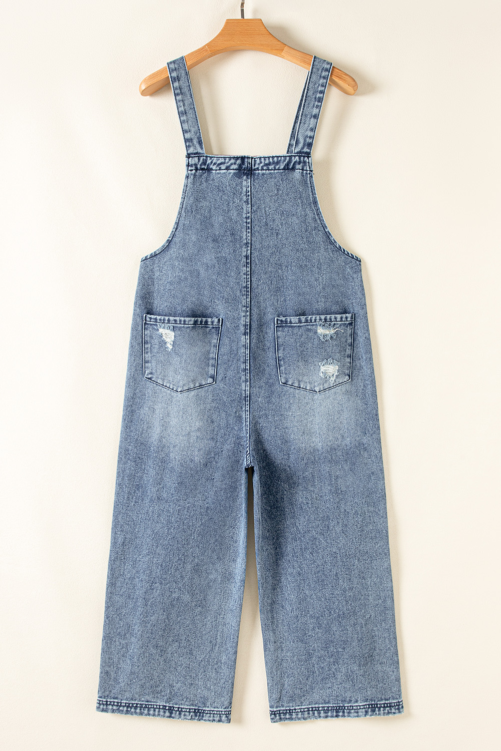 Stone Blue Distressed Bib Pocket Wide Leg Denim Overall - loveforevers