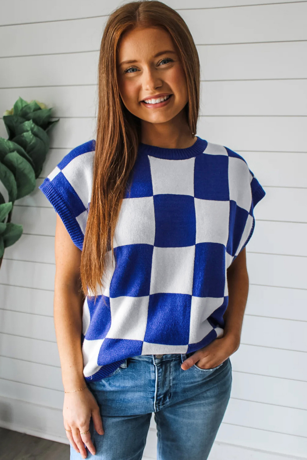 Dark Blue Cherckerboard Round Neck Sweater Vest - loveforevers