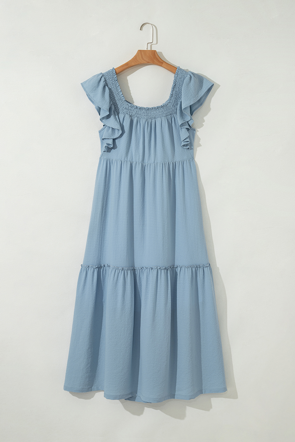 Sky Blue Ruffled Flutter Sleeve Square Neck Textured Tiered Maxi Dress - loveforevers