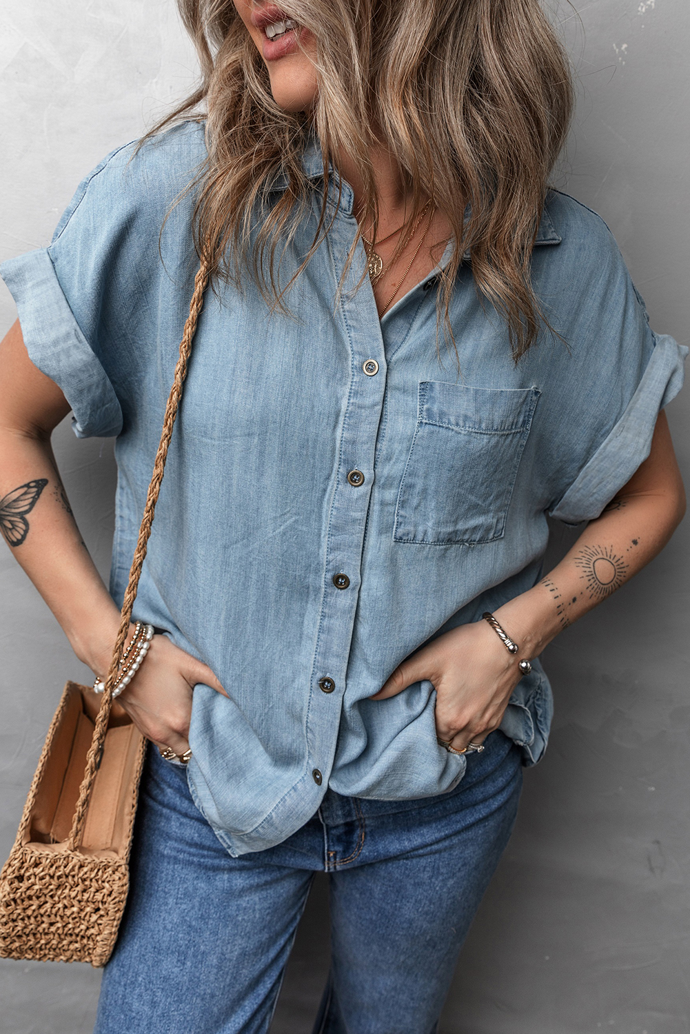 Dusk Blue Folded Short Sleeve Patched Pocket Denim Shirt - loveforevers