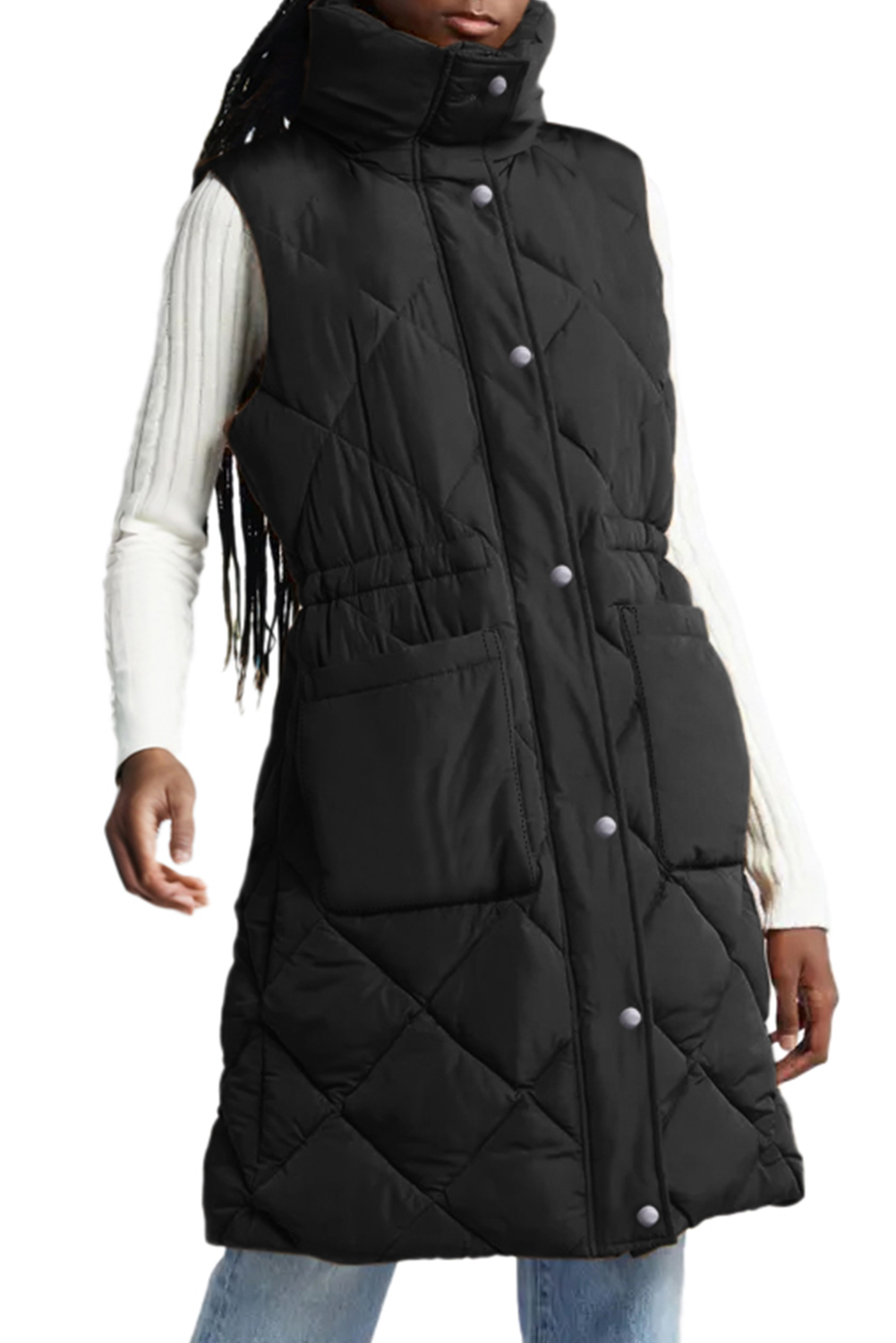 Black Longline Quilted Stand Collar Puffer Vest - loveforevers