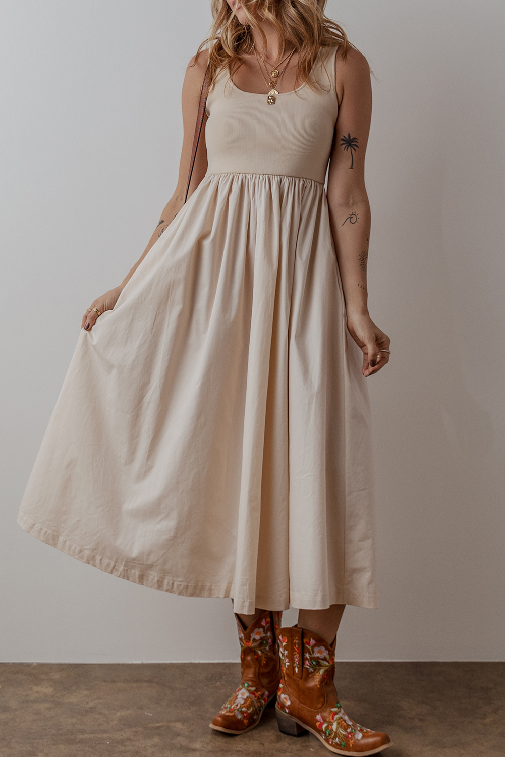 Beige Scoop Neck Ribbed Bodice Pleated Sleeveless Long Dress - loveforevers