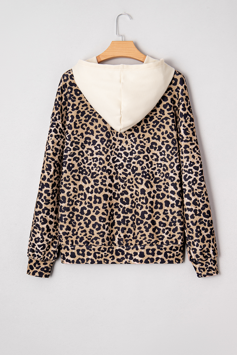Leopard Print Waffle Contrast Kangaroo Pocket Hooded Sweatshirt - loveforevers