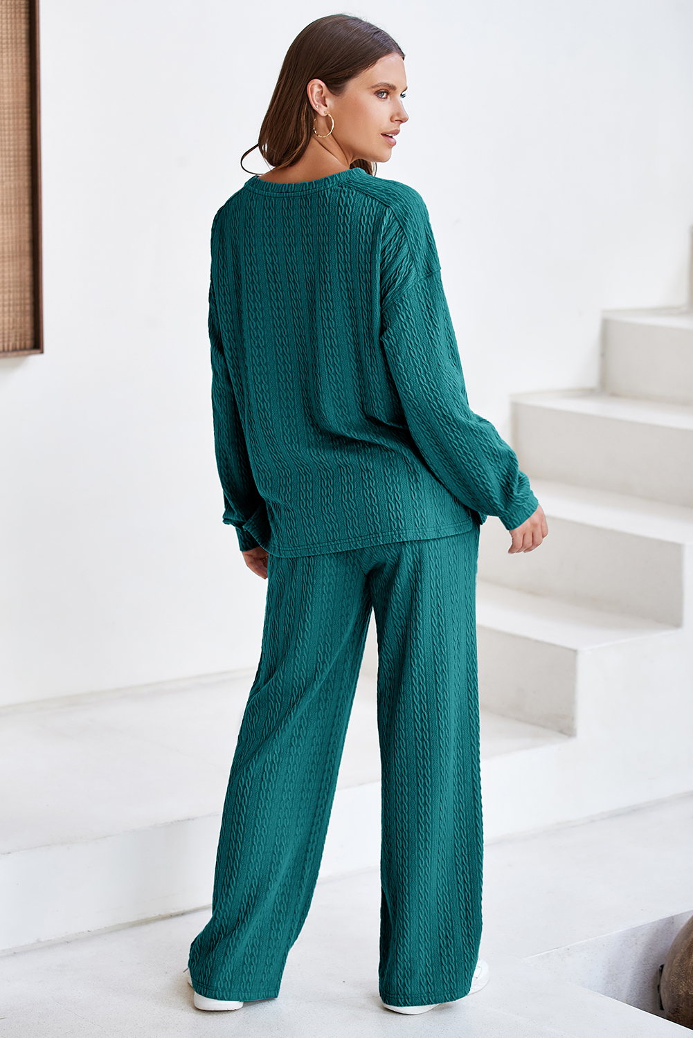 Smoke Green Textured Round Neck Sweatshirt & Loose Drawstring High Waist Pant Set - loveforevers