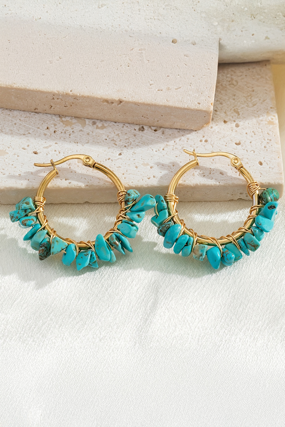 Turquoise Irregular Stone Beading Golden Plated Hoop Earrings - loveforevers