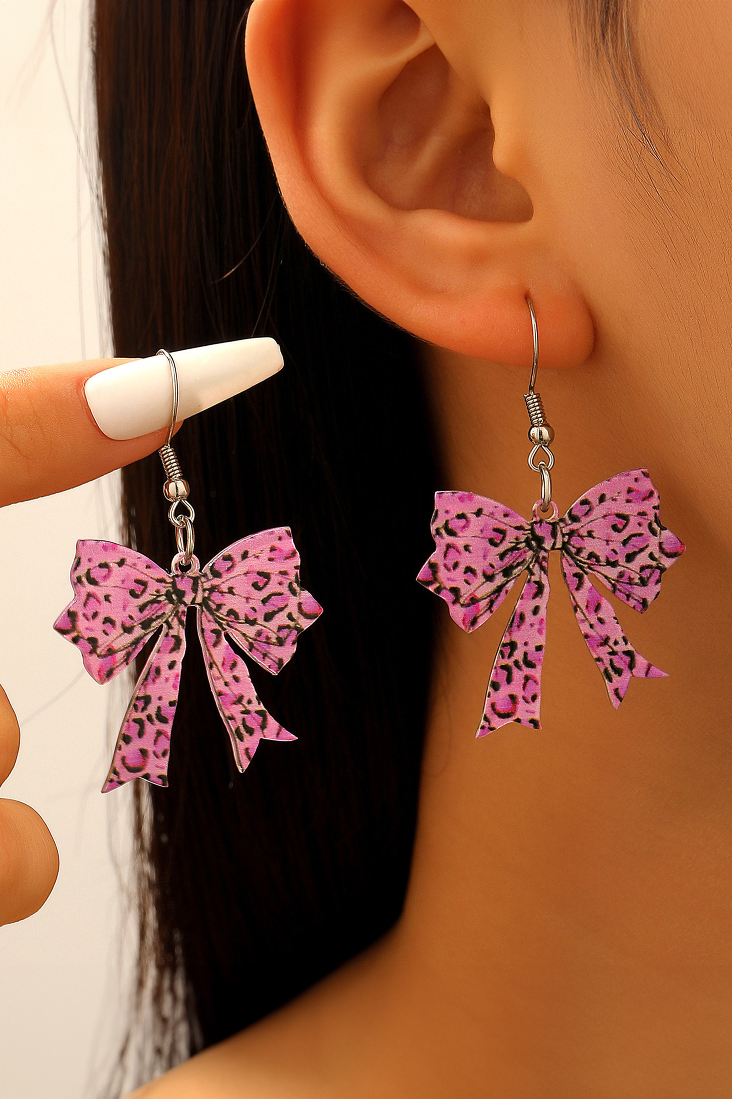 Cinnamon Stylish Leopard Printed Bow Stainless Hook Earrings - loveforevers