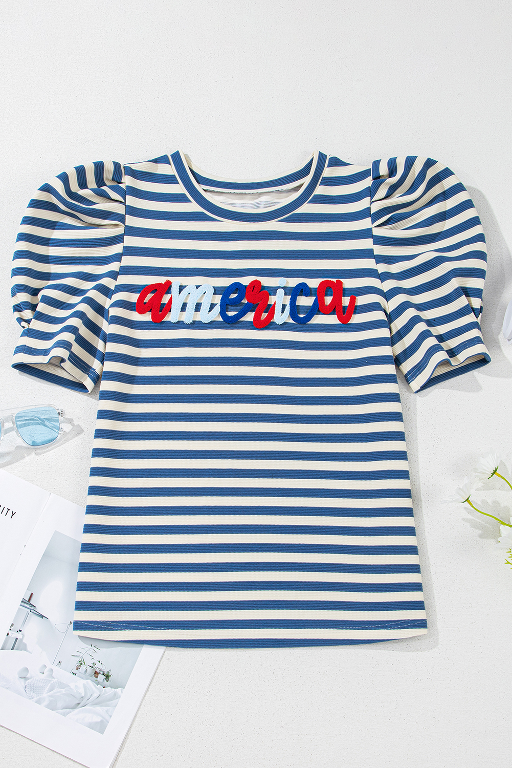 Blue Stripe America Cursive Graphic Puff Sleeve T-shirt - loveforevers