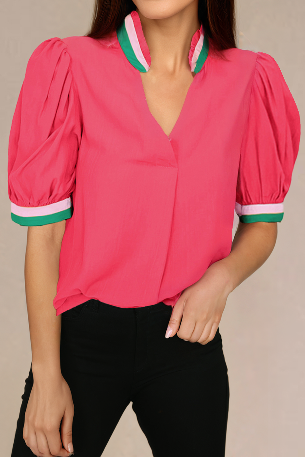 Carrot Colorful Trim V Neck Short Sleeve Blouse - loveforevers