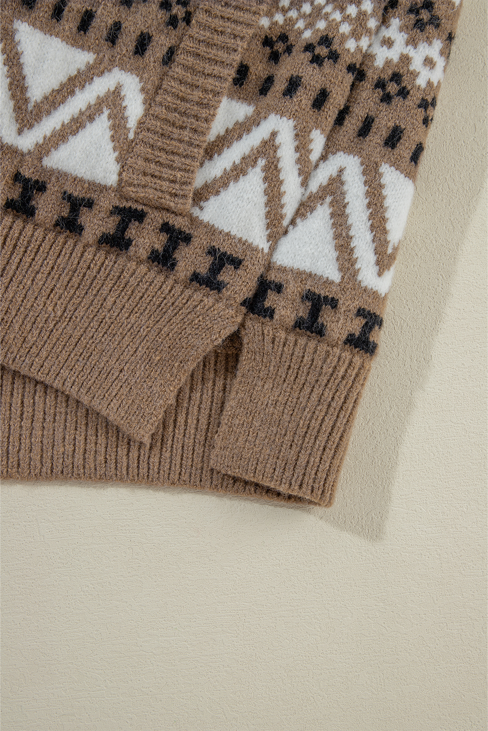 Brown Western Printed Ribbed Trim Collared Zip up Cardigan - loveforevers