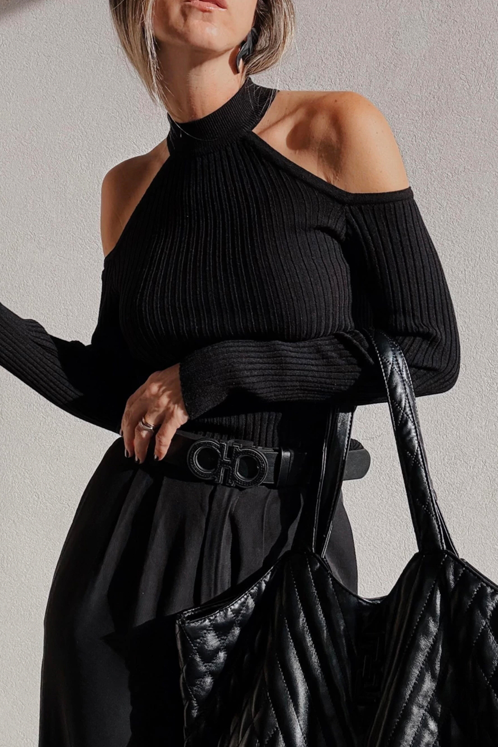 Black Ribbed Knit Cold Shoulder Choker Neck Sweater - loveforevers