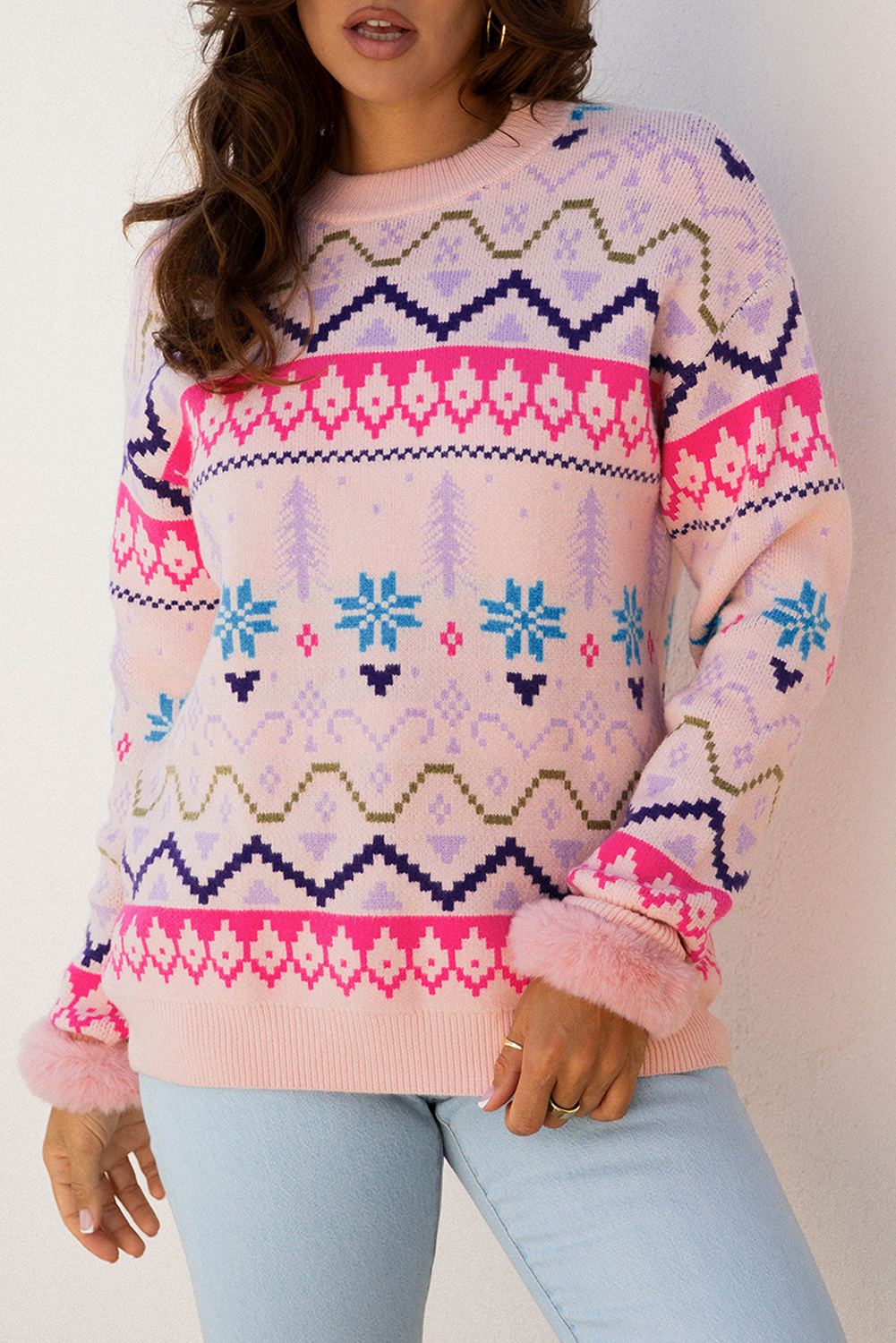 Multicolour Ethnic Christmas Pattern Knit Feather Cuffed Sweater - loveforevers