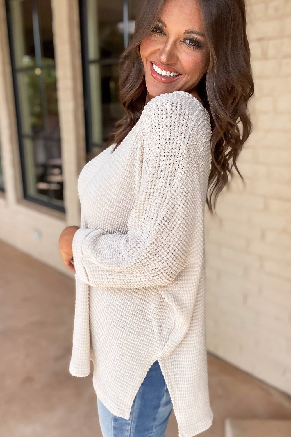 White Waffle Knit Side Slits Loose Fit V Neck Top - loveforevers