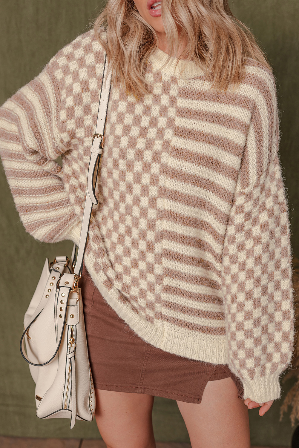 Khaki Stripe Checkerboard Drop Shoulder Balloon Sleeve Sweater - loveforevers