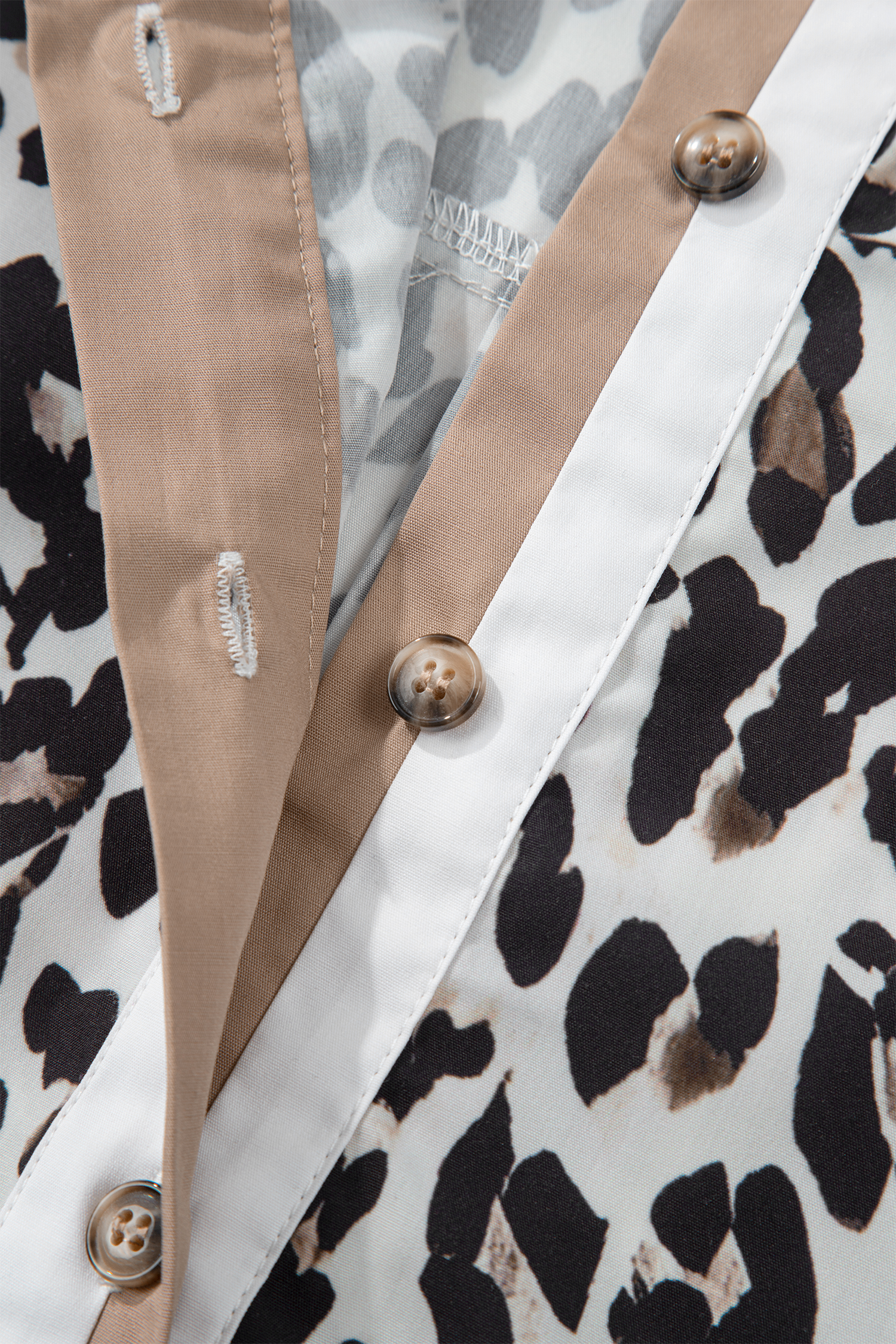 Multicolour Leopard Print Contrast Trim Button Split Neck Plus Long Sleeve Top - loveforevers
