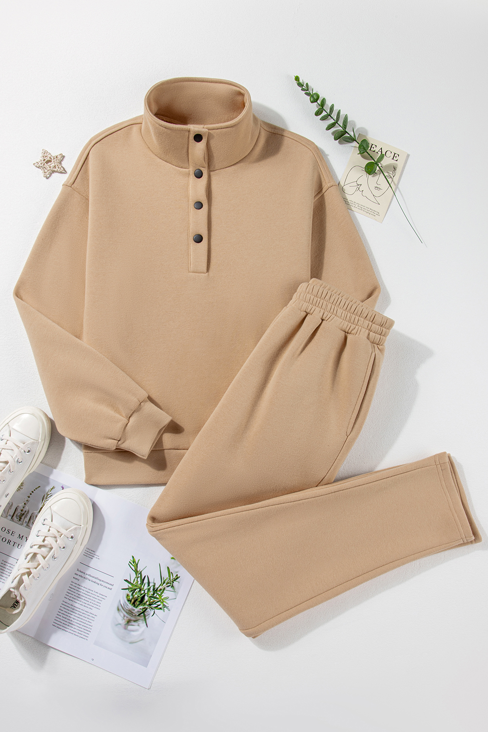 Parchment Solid Half Button Sweatshirt and High Waist Sweatpants Set - loveforevers