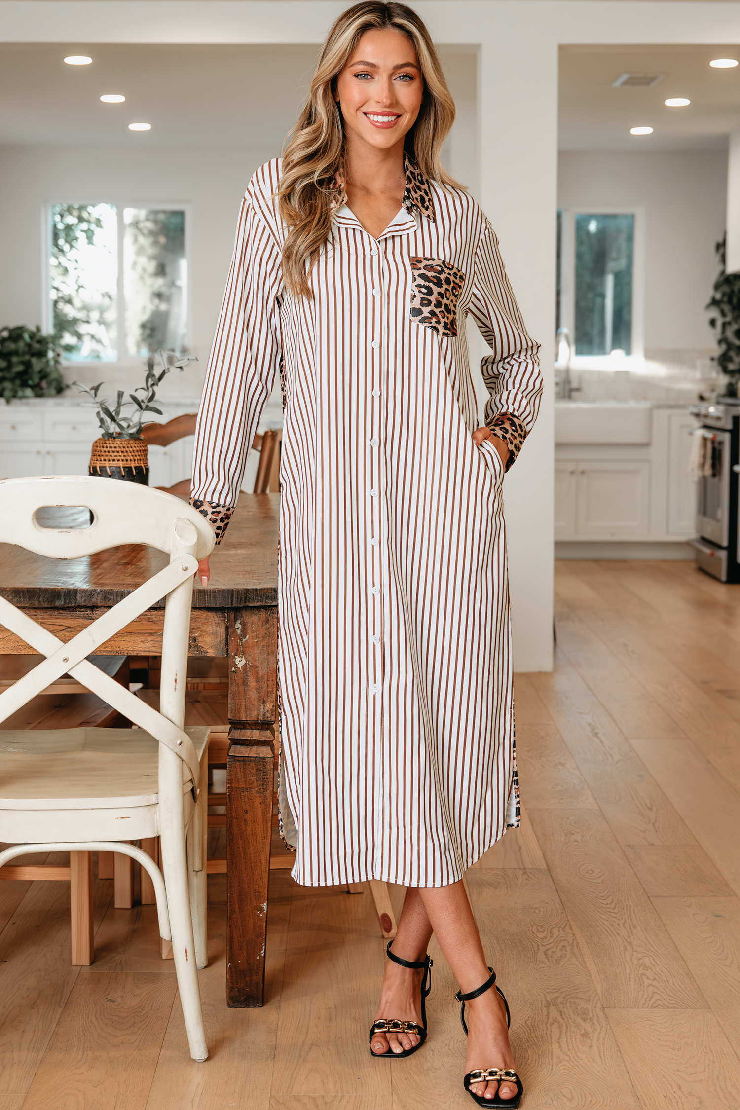 Brown Stripe Contrast Leopard Patchwork Long Shirt Dress with Slits - loveforevers