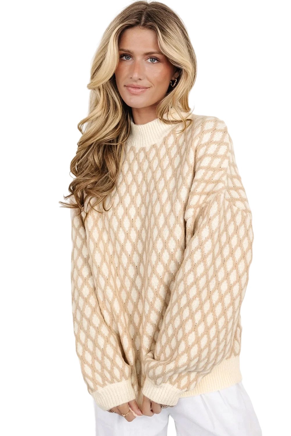 Oatmeal Diamond Knit Drop Shoulder Loose Sweater - loveforevers