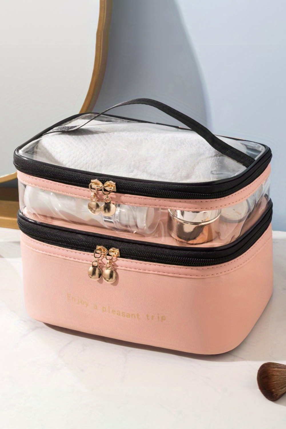 Pink Waterproof PVC Double-layer Cosmetic Bag - loveforevers