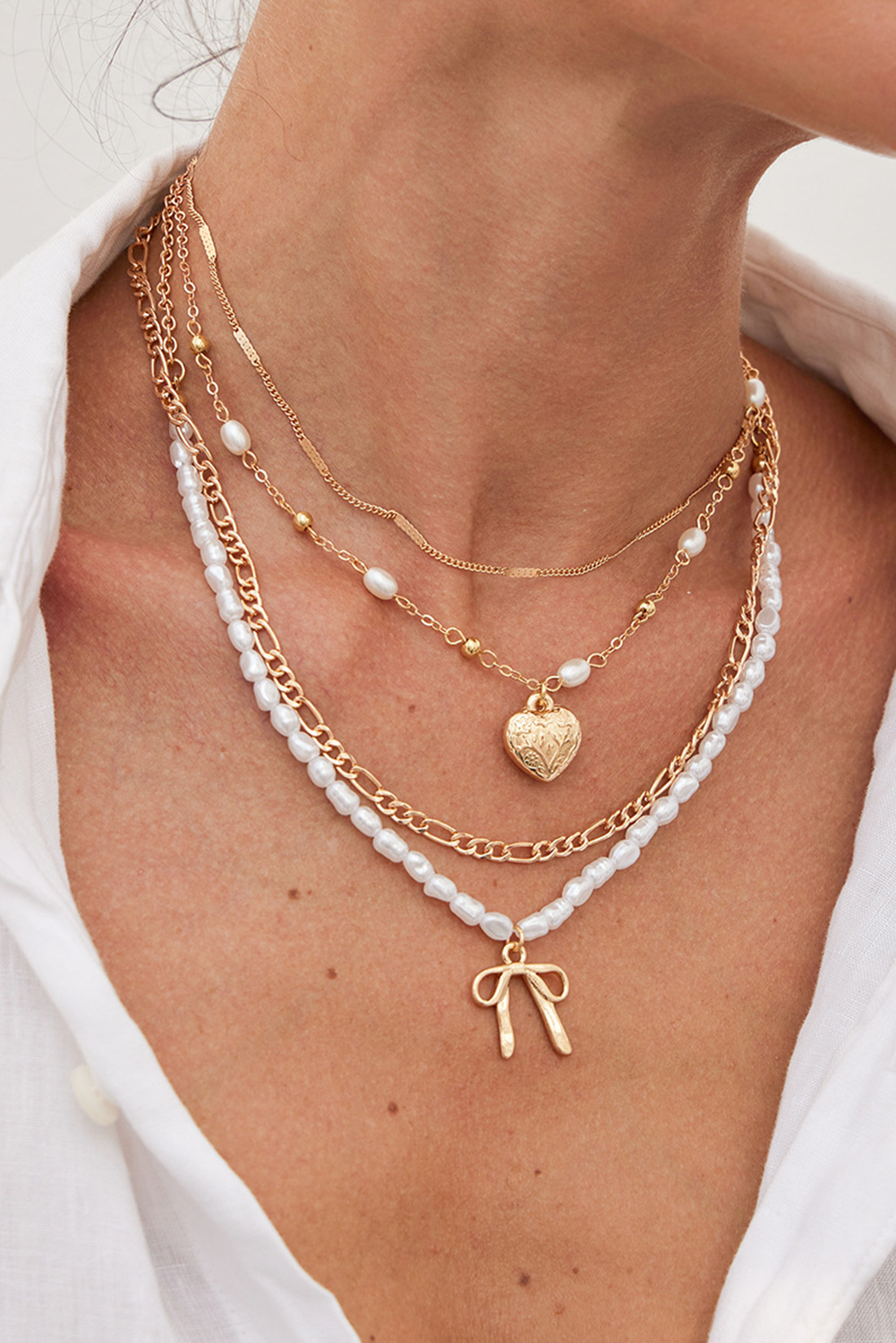 Gold Bow Heart Pendant Pearl Chaining Plated Necklace - loveforevers