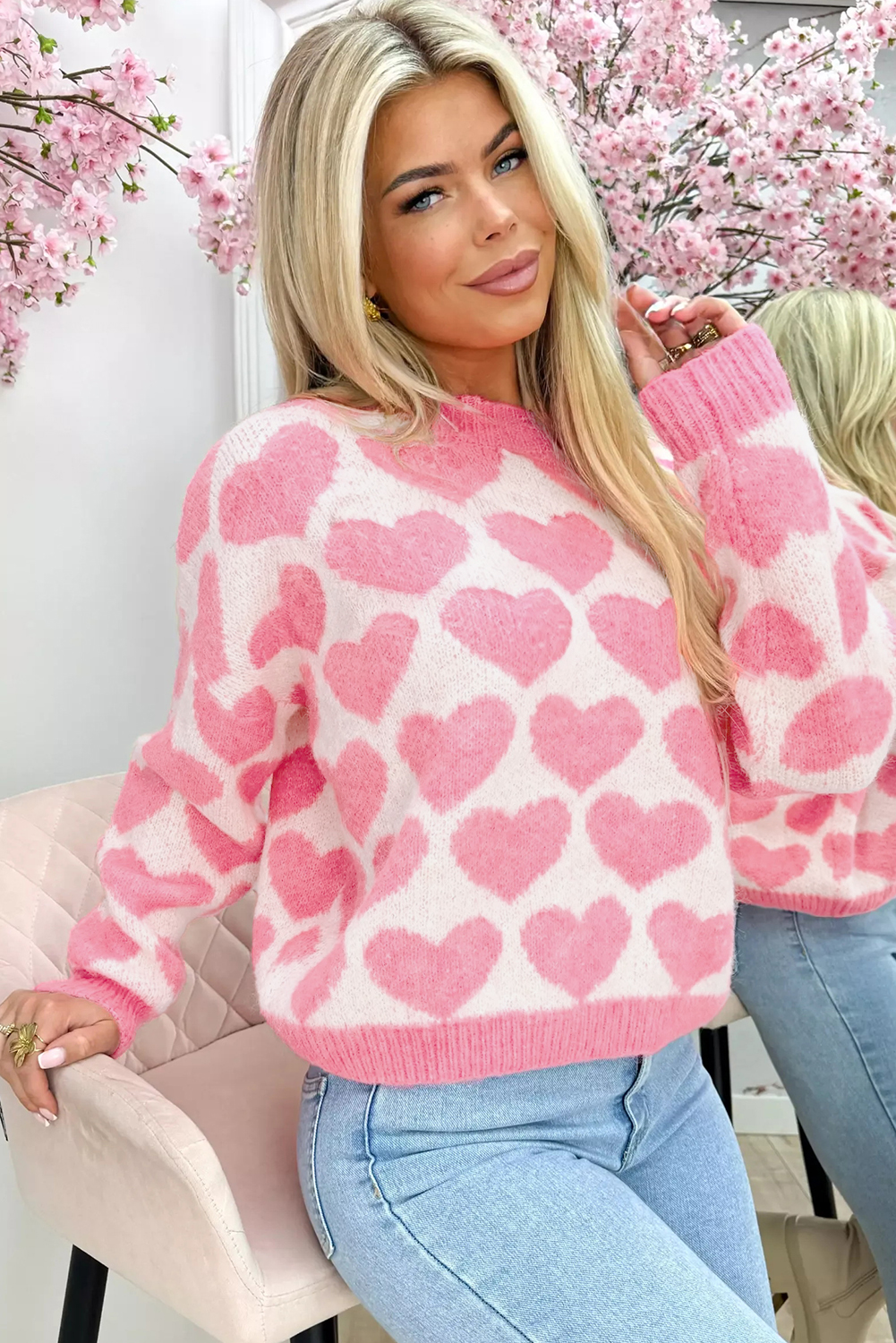 Strawberry Pink Valentine Heart Print Knit Sweater - loveforevers