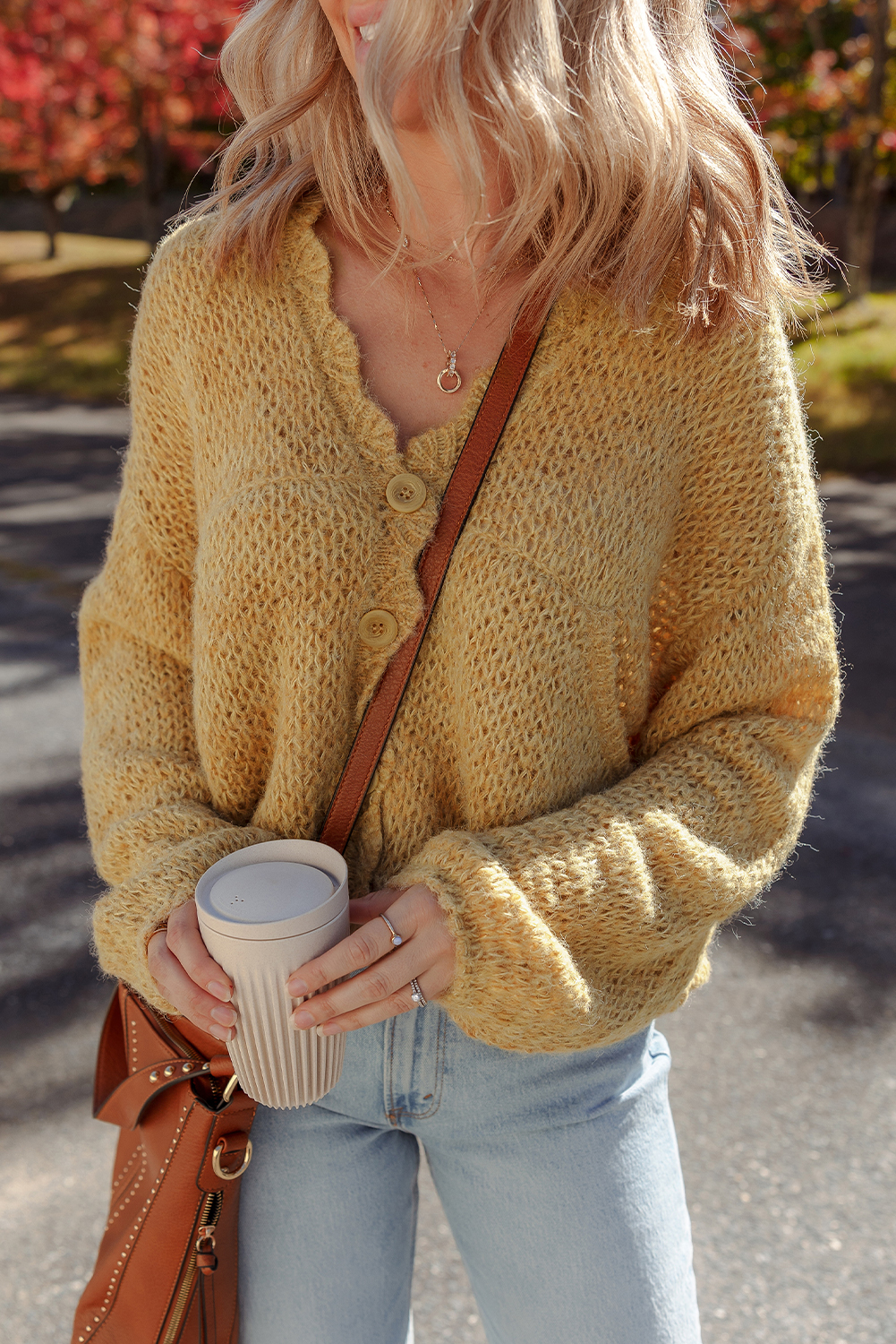 Light French Beige Lantern Sleeve Scallop V Neck Buttoned Front Cardigan - loveforevers