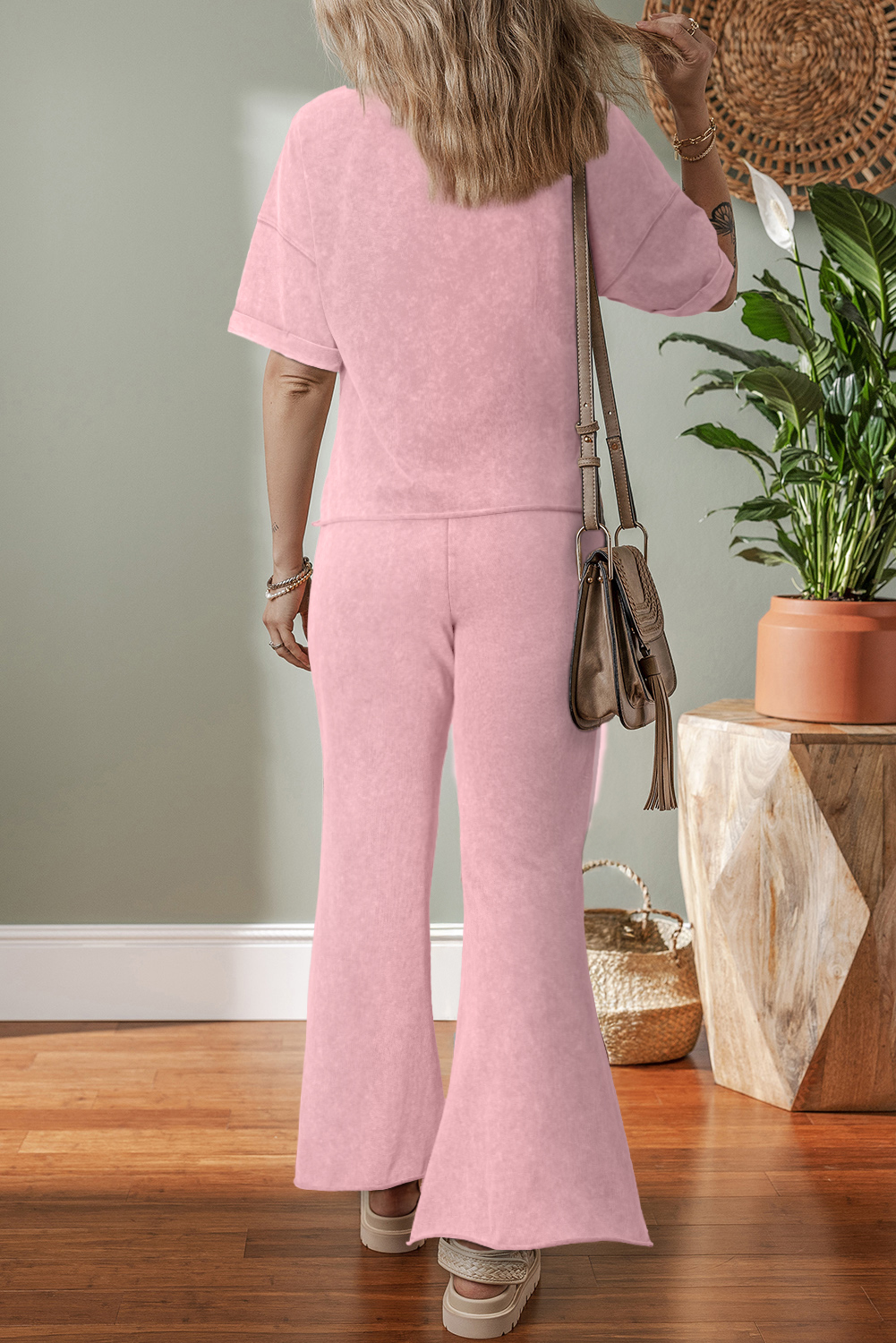 Light Pink Acid Wash Star Patched Rolled Trim Pants Set - loveforevers