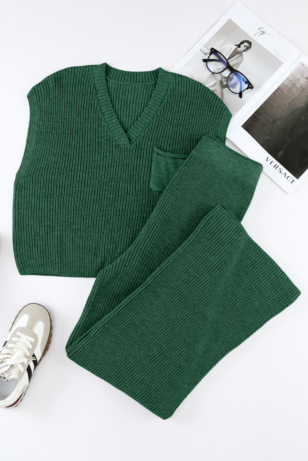 Green Knitted V Neck Sweater and Casual Pants Set - loveforevers