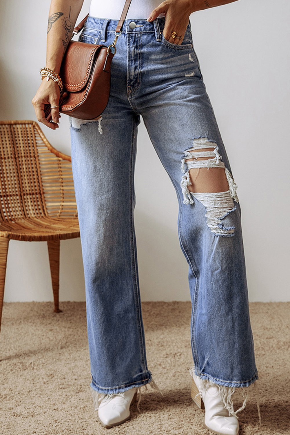 Ashleigh Blue Distressed Raw Hem Straight Leg High Waist Jeans - loveforevers