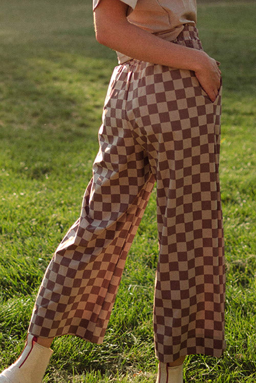 Khaki Checkered Elastic High Waist Loose Casual Pants - loveforevers