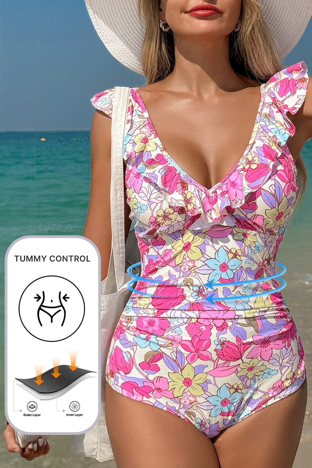 Pink Floral Ruffle Trim V Neck Lace-up Back Tummy Control One Piece Swimsuit - loveforevers