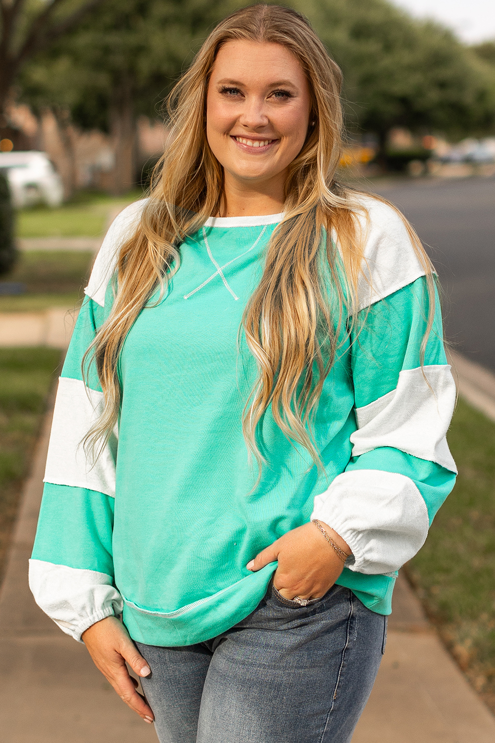 Aruba Blue Colorblock Patchwork Cross Seam Plus Sweatshirt - loveforevers