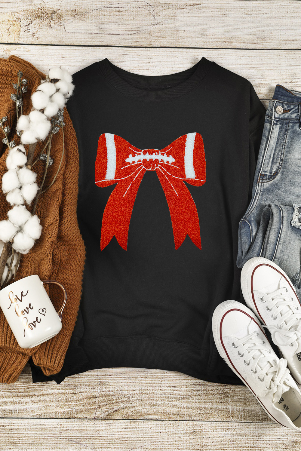 Black Game Day Chenille Bow Patched Drop Shoulder Sweatshirt - loveforevers