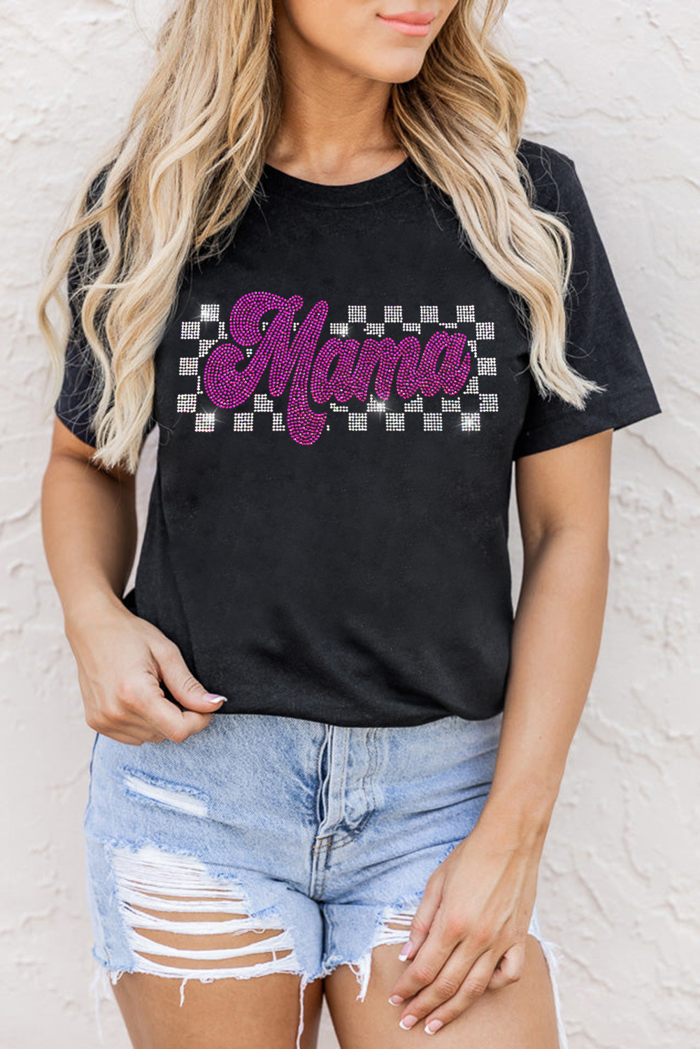 Black Rhinestone Mama Letter Graphic T Shirt - loveforevers