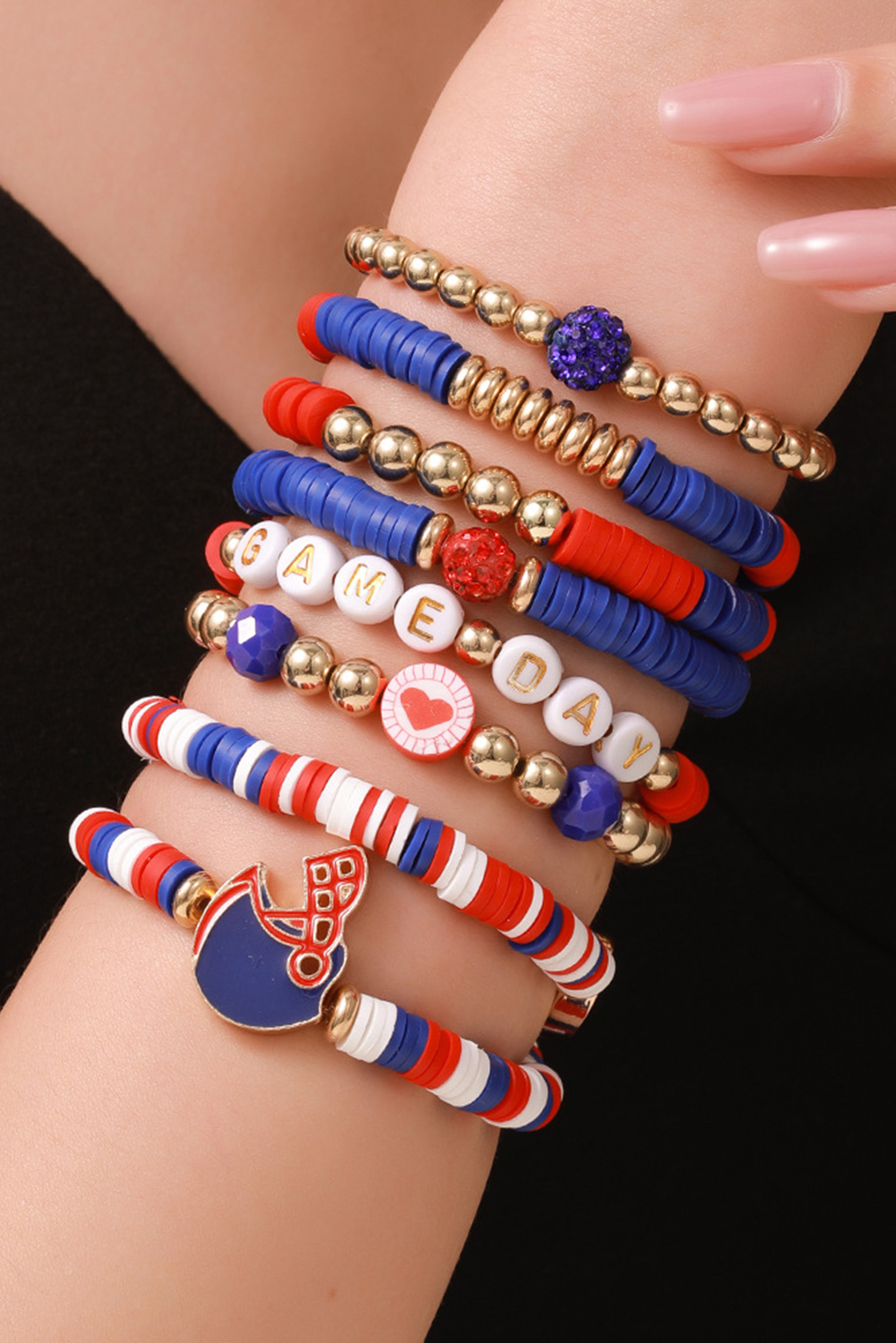 Dark Blue 8pcs Stackable Clay Beaded GAME Day Bracelet Set - loveforevers
