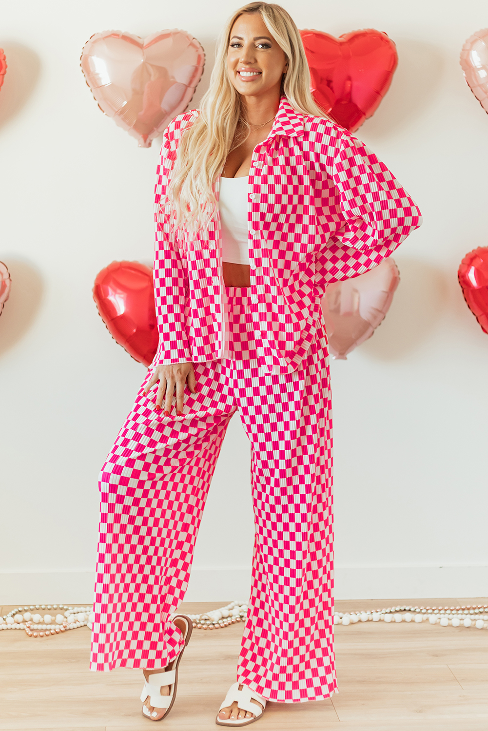 Pink Checkered Buttoned Shirt and High Waist Pants Pajama Set - loveforevers