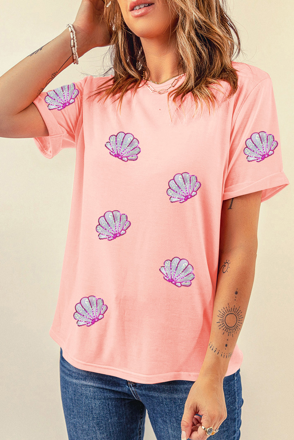 Pink Sequin Shell Graphic Round Neck T Shirt - loveforevers