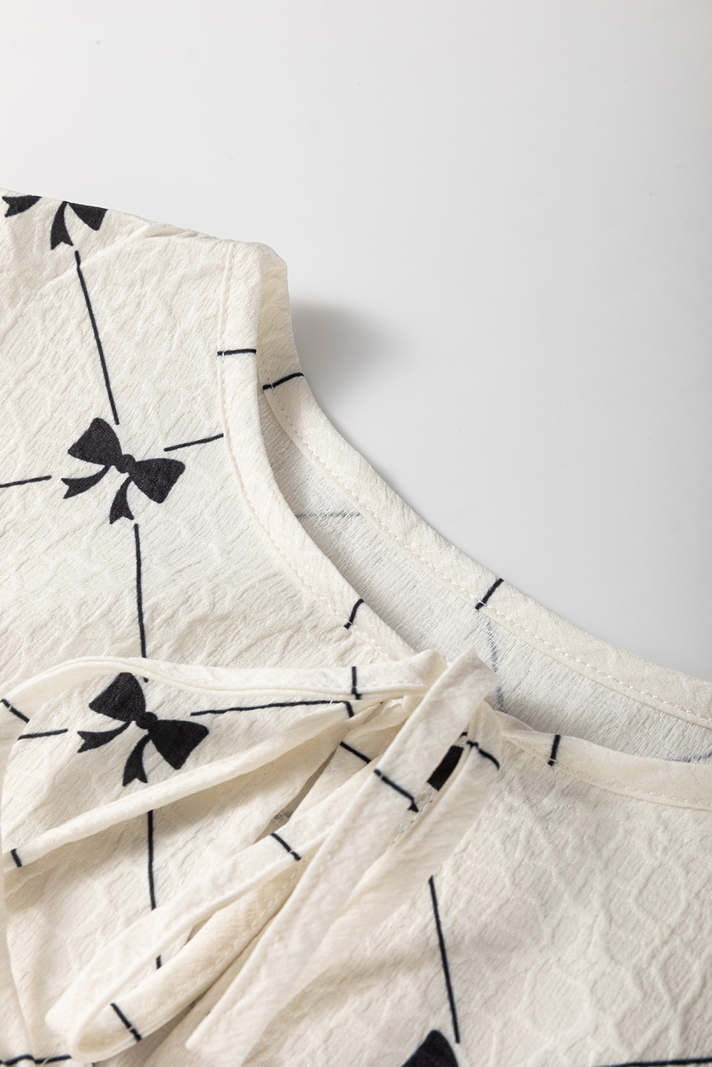 White Bowtie Pattern Textured Puff Half Sleeve Loose Mini Dress - loveforevers