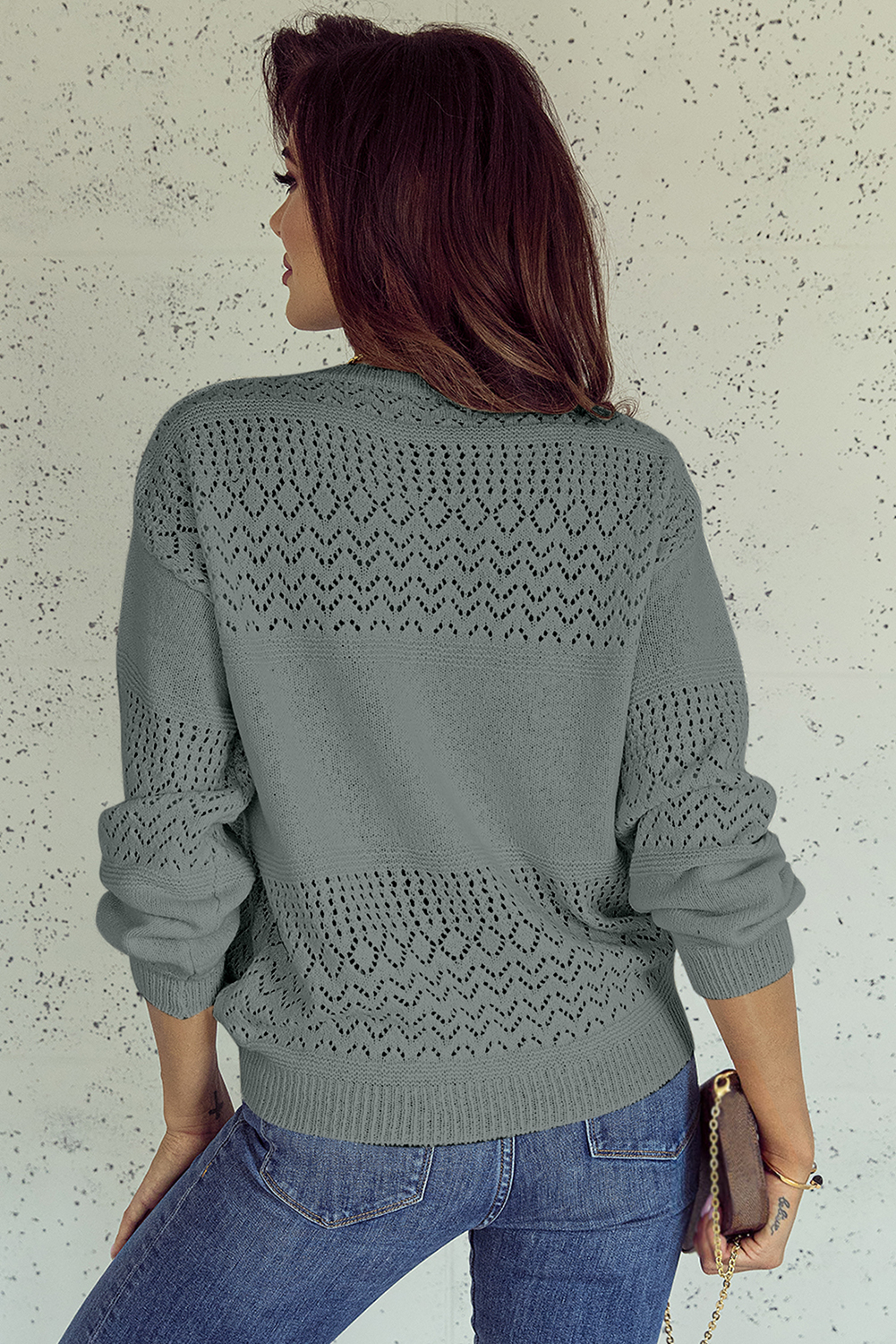 Sky Blue Eyelet Pattern Detail V Neck Drop Shoulder Sweater - loveforevers
