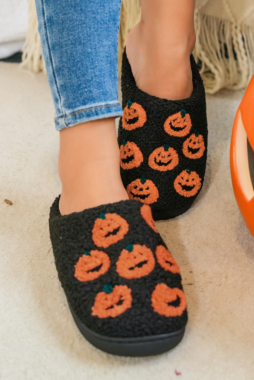 Black Halloween Pumpkin Plush Home Slippers - loveforevers