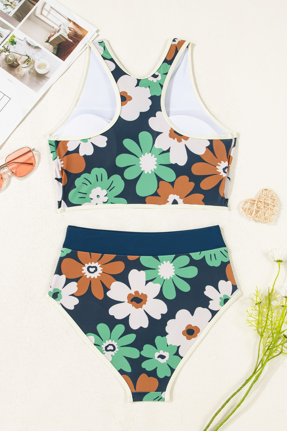 Blue Flower Zip up Racerback High Waisted Bikini - loveforevers