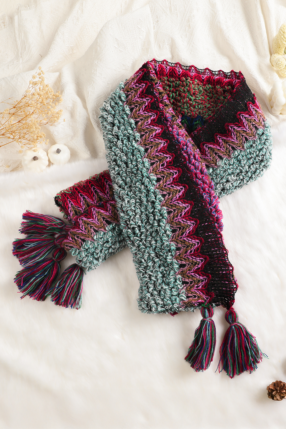 Rose Red Ethnic Knit Shawl Wrap Cape Sweater Thickened Tassel Poncho Cloak - loveforevers