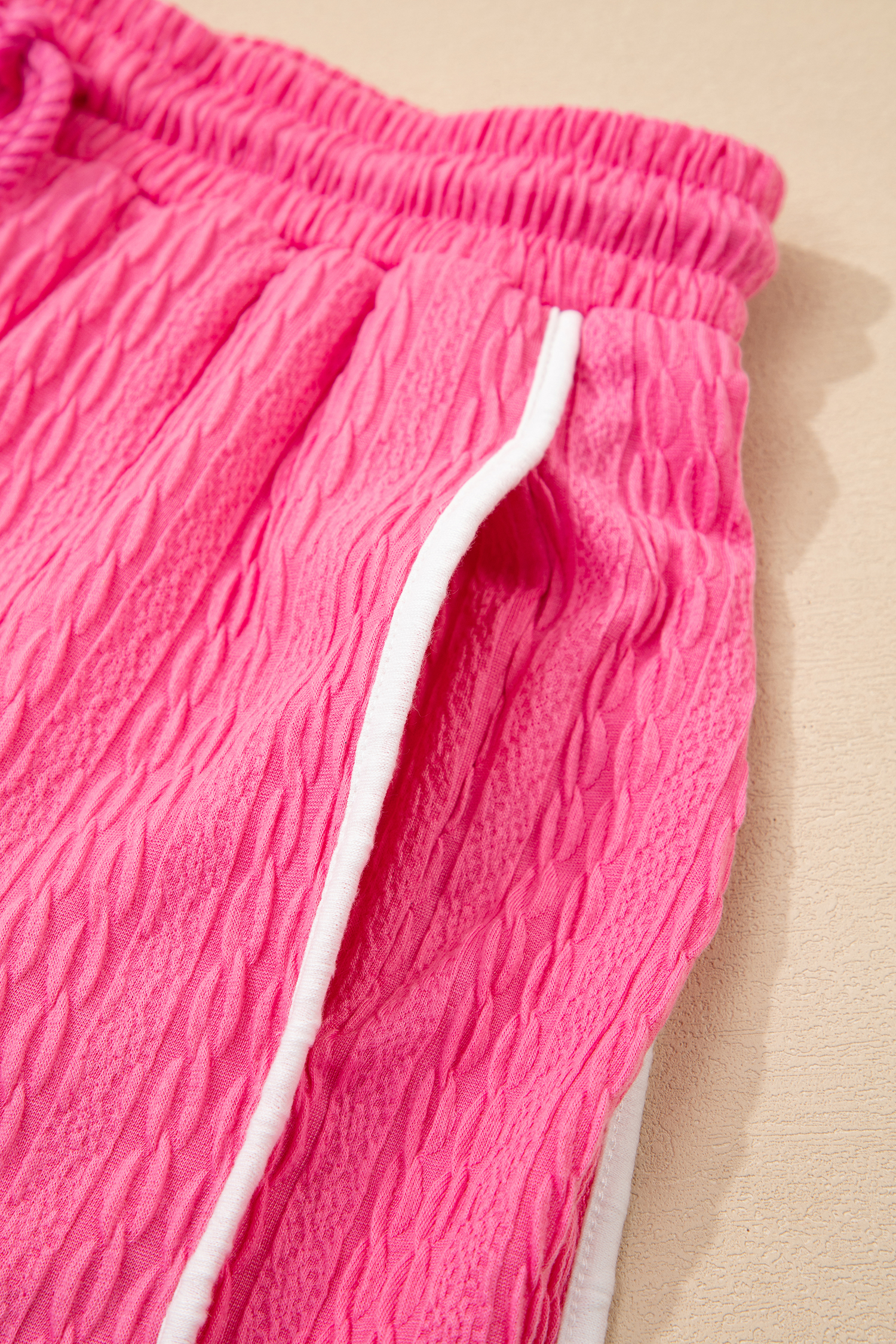 Bright Pink Textured Color Block Trim Loose Tee Drawstring Shorts 2pcs Set - loveforevers