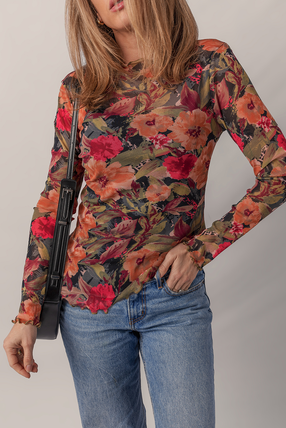 Multicolour Floral Print Lettuce Trim Long Sleeve Mesh Top - loveforevers