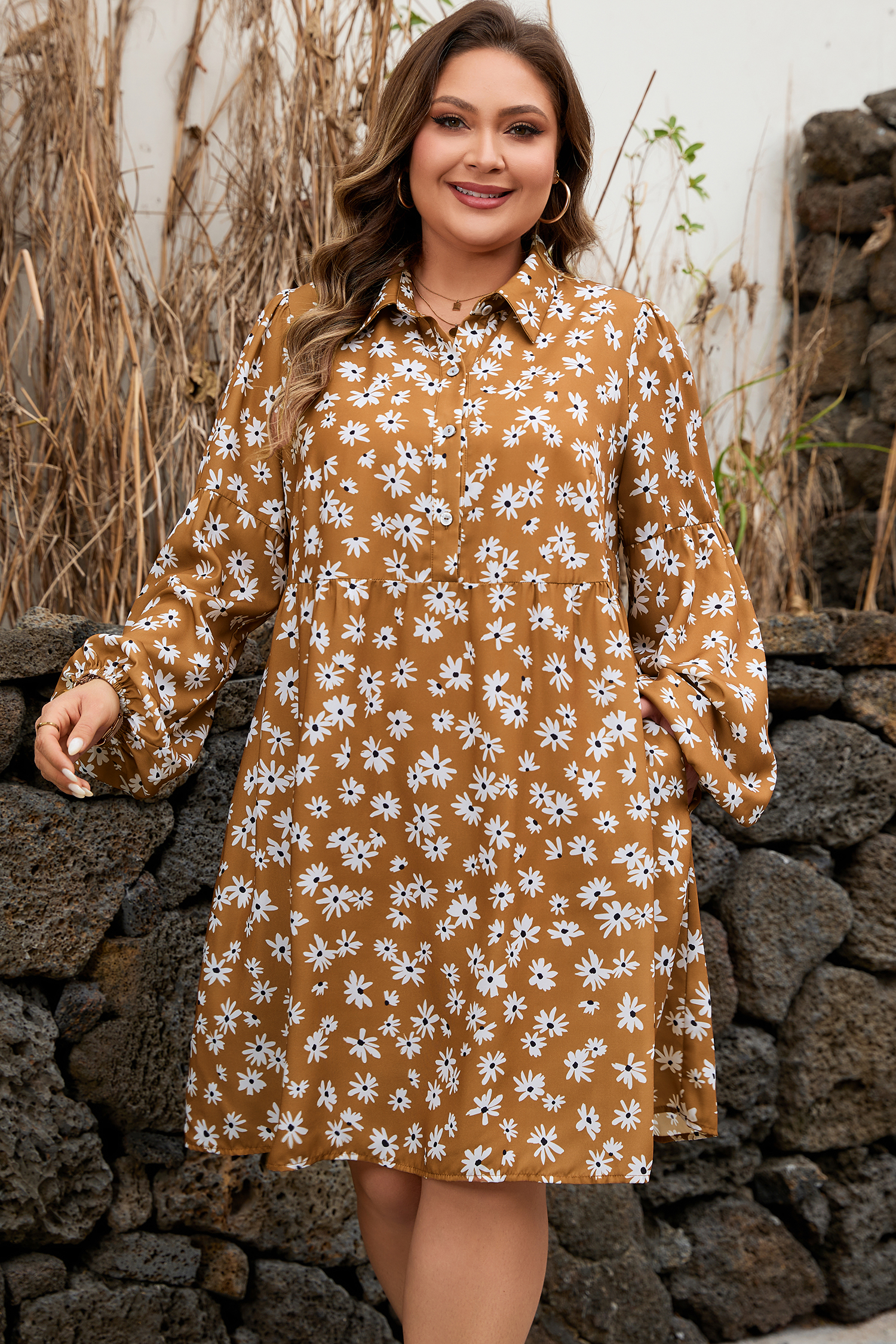 Khaki Plus Size Daisy Floral Print Button Split Neck Puff Sleeve Dress - loveforevers