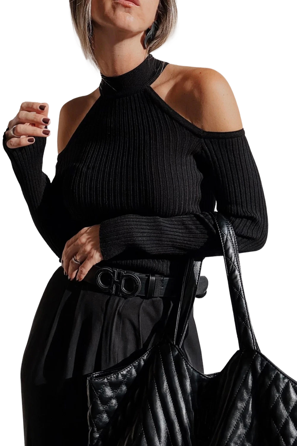 Black Ribbed Knit Cold Shoulder Choker Neck Sweater - loveforevers
