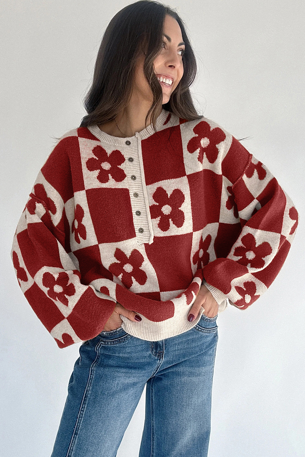 Black Flower Plaid Henley Baggy Sweater - loveforevers