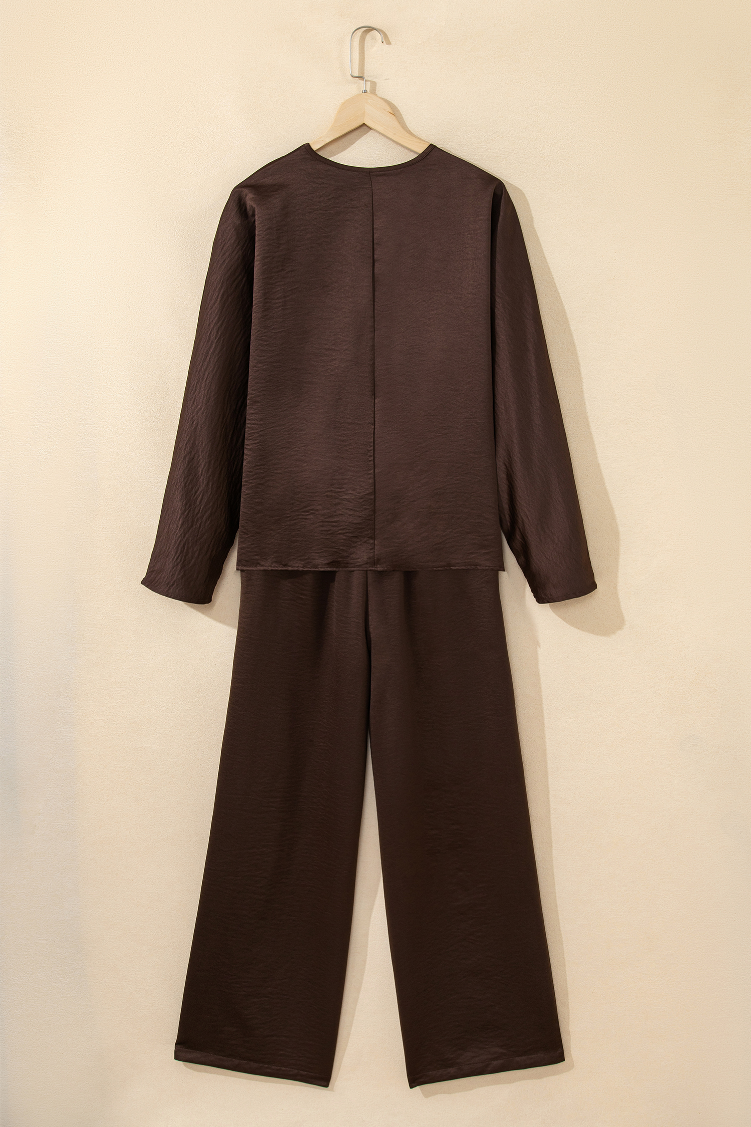 Dark Brown Braided V Neck Long Sleeve Loose Top and Drawstring High Waist Pants 2pcs Outfit - loveforevers