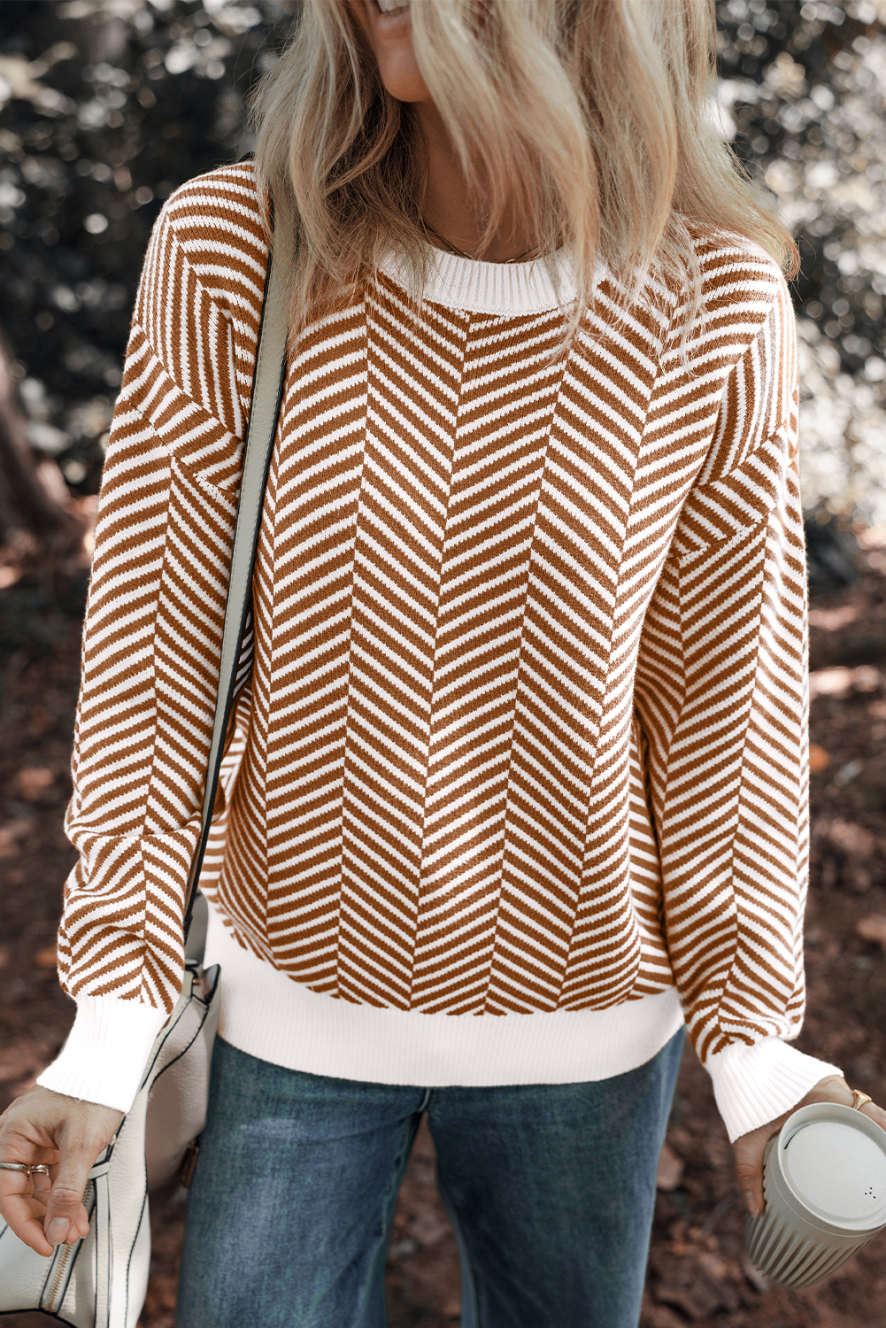 Coffee Contrast Edge Crew Neck Drop Shoulder Sweater - loveforevers