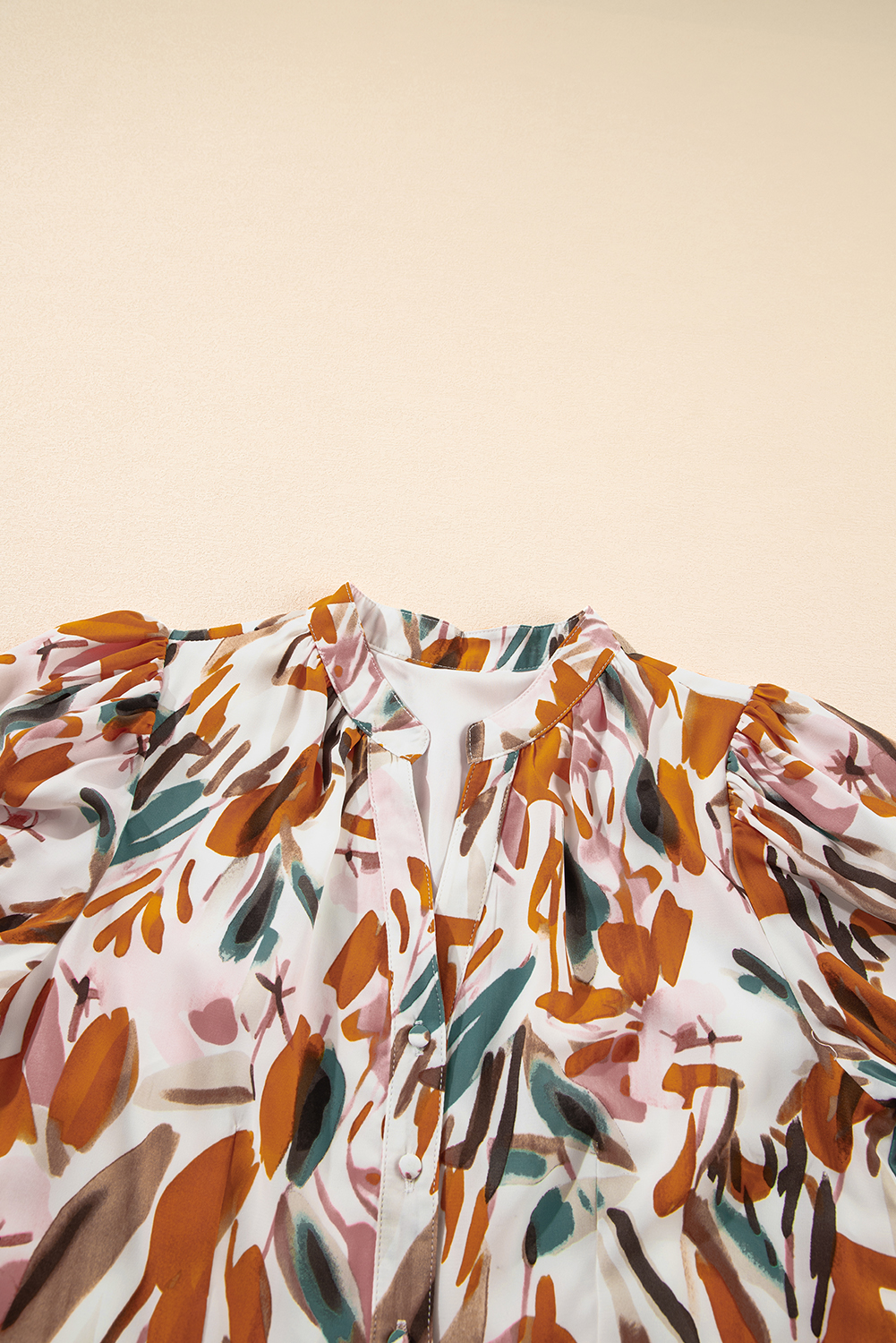 Brown Abstract Printed Puff Sleeve Button Up Braided Belt Mini Dress - loveforevers
